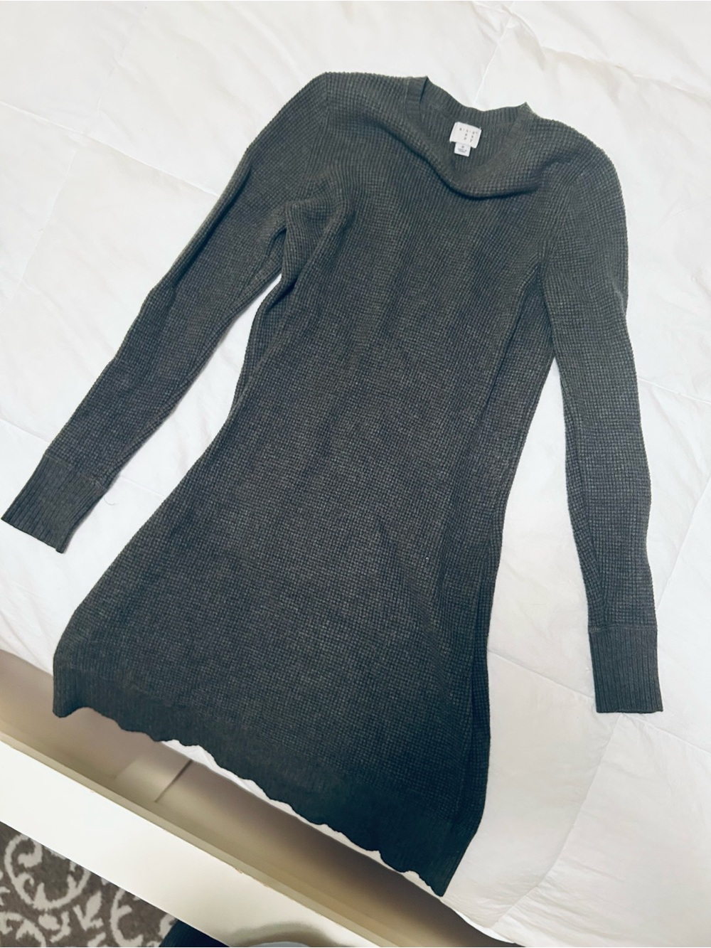 Ribbed Long Sleeve Knit Dress - Dark Gray/Green